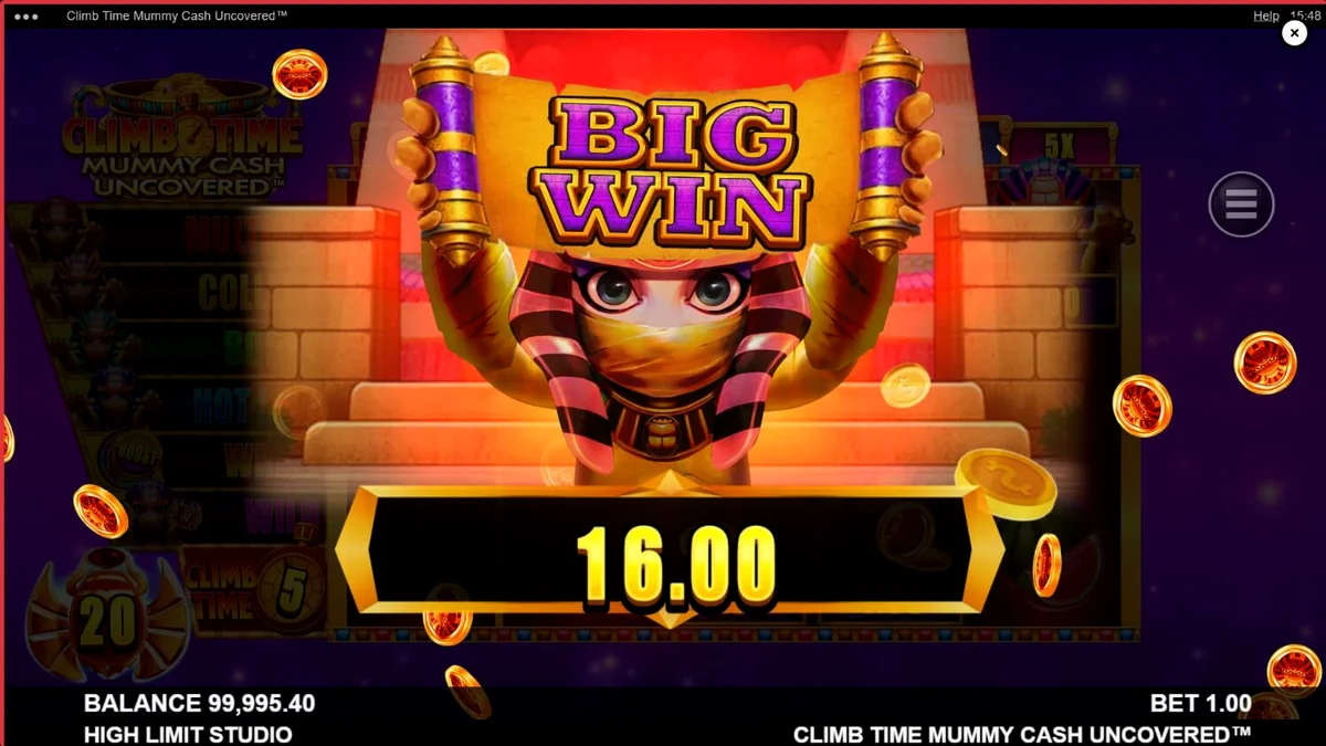 Tampilan antarmuka seluler slot Climb Time Mummy Cash Uncovered dengan latar belakang malam Mesir
