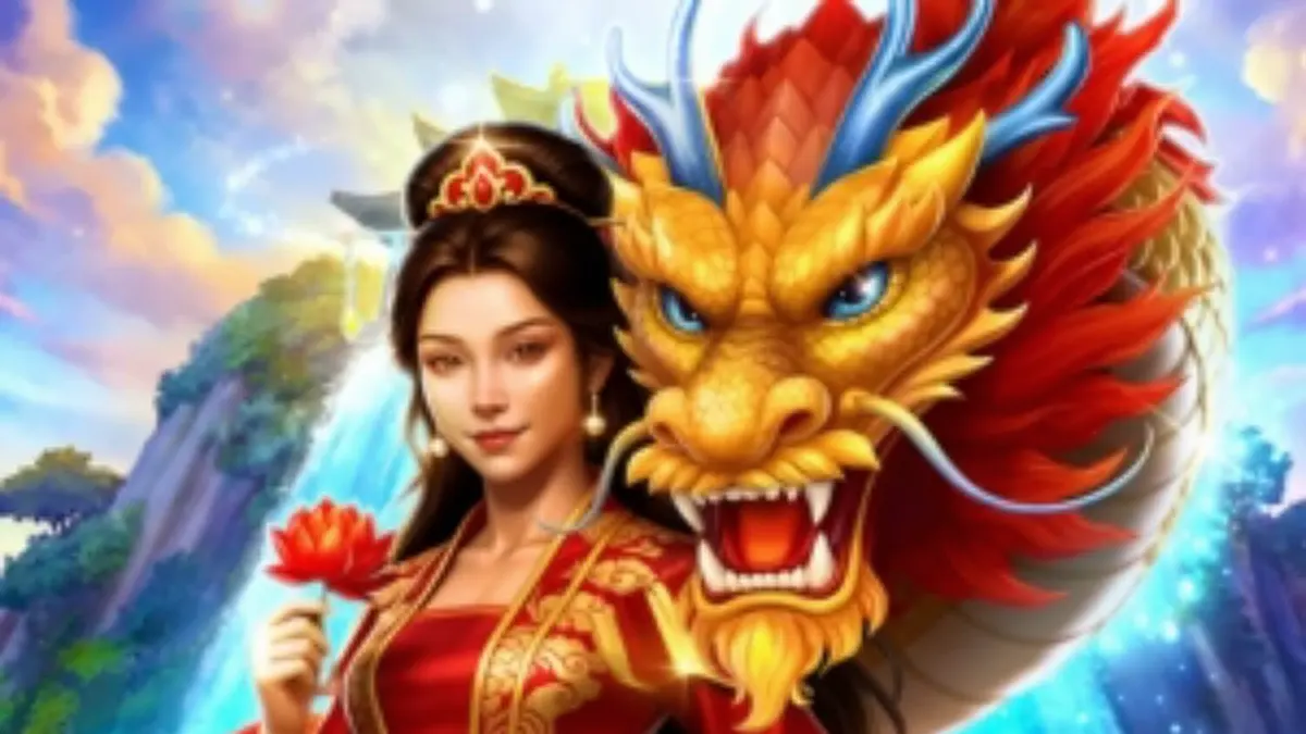 Pemandangan mistis naga dan air terjun dalam slot Dragon’s Gate Bonus Choice